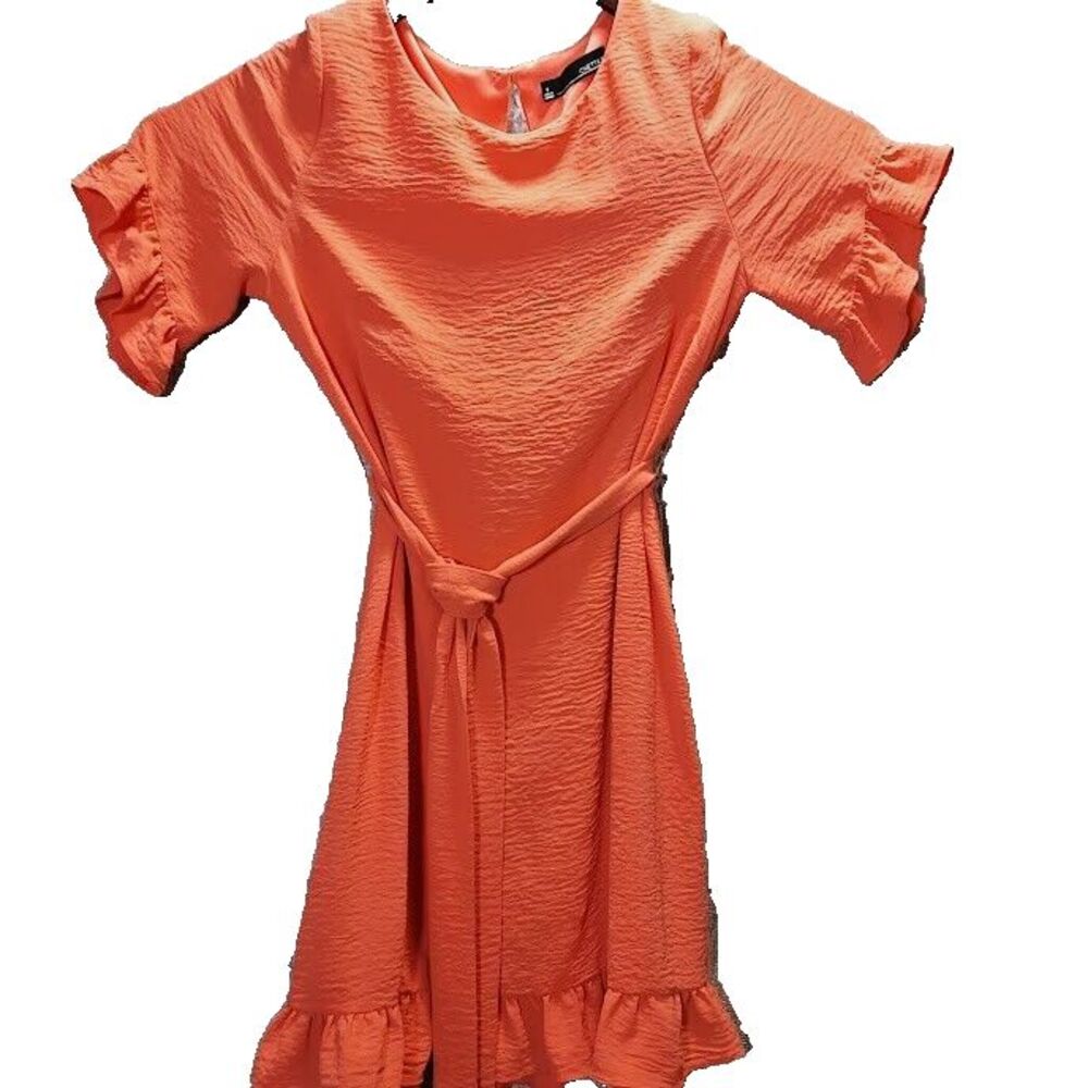 Chetta B Orange Textured Ruffle Sleeve Dress – Belted Waist, Size M